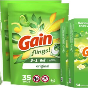Laundry Bundle: Gain Flings Laundry Detergent Pacs (2x35ct), Gain Dryer Sheets (2x34ct), Gain Fireworks Laundry Scent Booster Beads (14.8 oz)