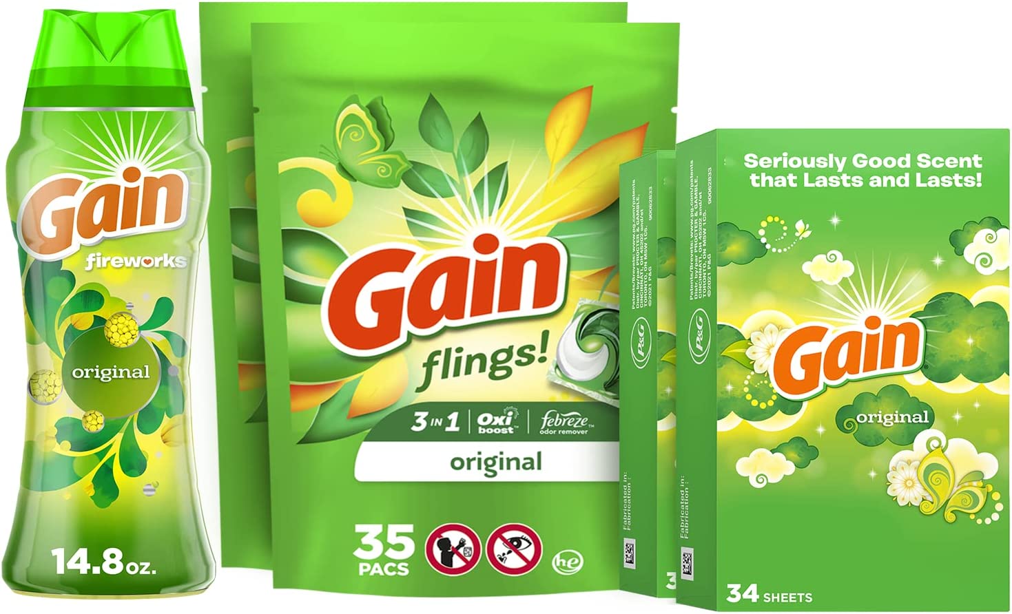 Laundry Bundle: Gain Flings Laundry Detergent Pacs (2x35ct), Gain Dryer Sheets (2x34ct), Gain Fireworks Laundry Scent Booster Beads (14.8 oz)