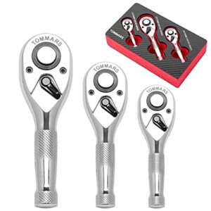 TOMMARS Stubby Ratchet Set, 1/4\", 3/8\", 1/2\" Drive Ratchet Handle Wrench 72-Tooth Quick-Release Reversible