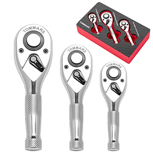 TOMMARS Stubby Ratchet Set, 1/4\", 3/8\", 1/2\" Drive Ratchet Handle Wrench 72-Tooth Quick-Release Reversible